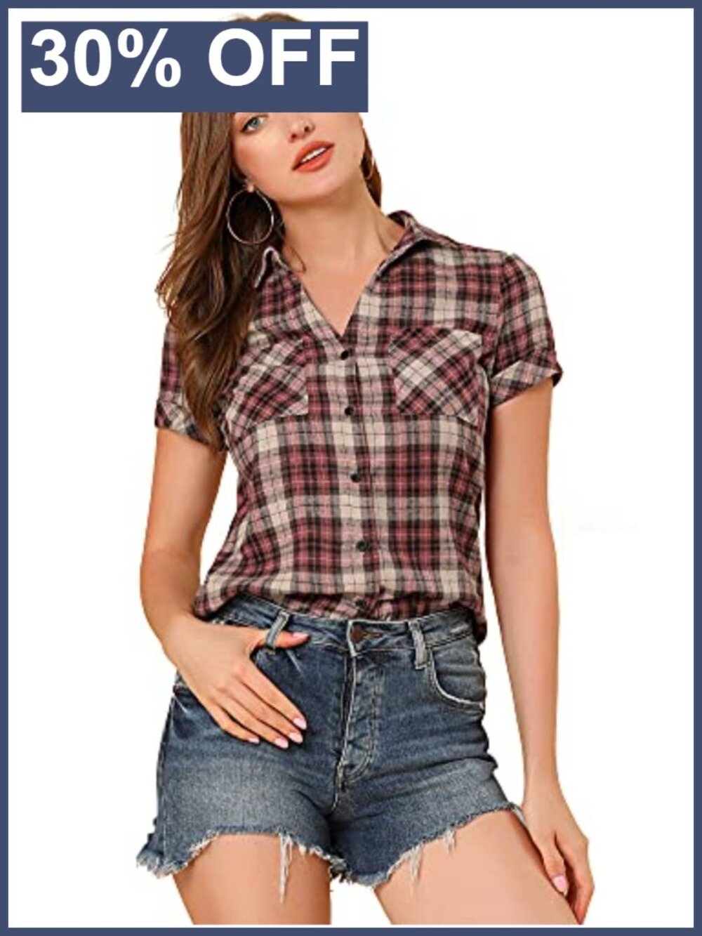 Plaid Button Down Shirt Cotton Blend Short Sleeve Western